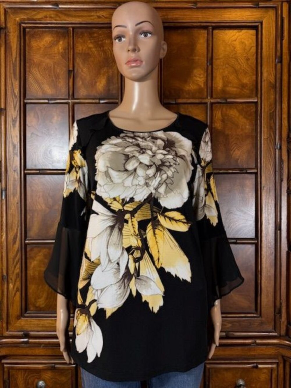 Susan Graver Black Yellow Stone Jumbo Floral Chiffon Sleeve Ruffle Shoulder Top